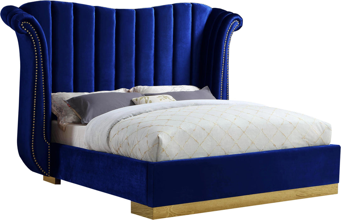 Flora Navy Velvet Queen Bed (3 Boxes)